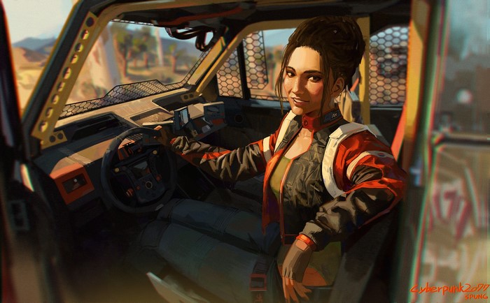Panam Palmer from Cyberpunk 2077 in a car