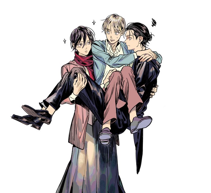Mikasa Ackerman carrying Armin Arlert and Eren Yeager