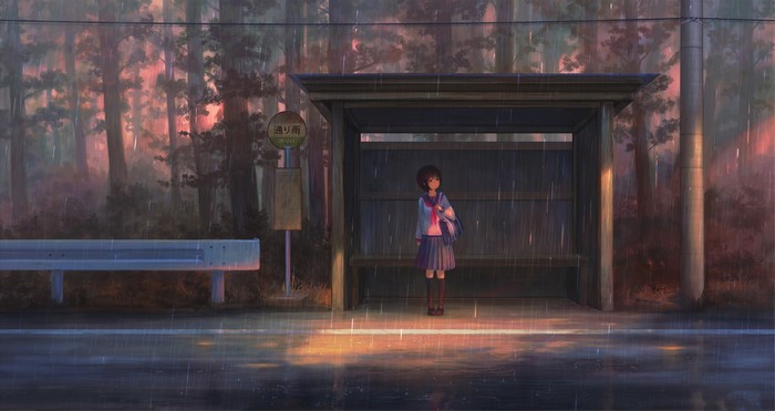 Anime girl in school uniform at a rainy bus stop