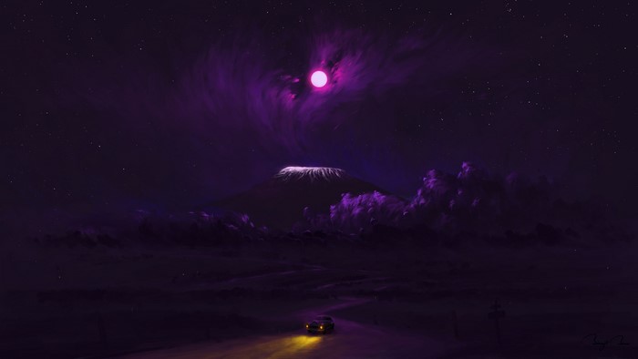 Digital art of a car driving towards a mountain under a purple moon