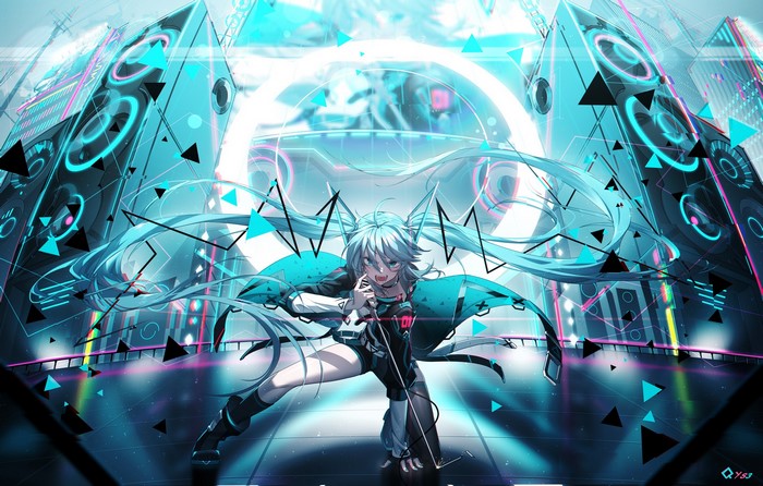 Hatsune Miku singing on a futuristic stage