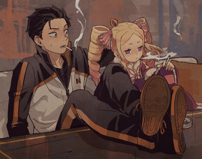 Natsuki Subaru and Beatrice Smoking in Anime Style