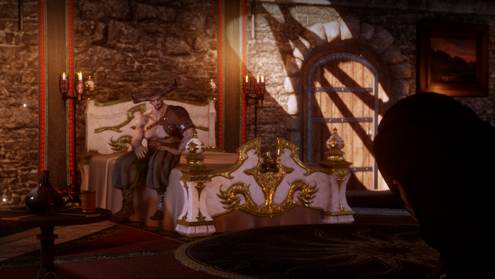 Iron Bull from Dragon Age Inquisition in a bedroom
