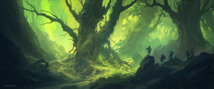 Fantasy forest with a group of warriors
