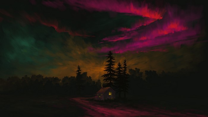 Digital art of a house under aurora borealis