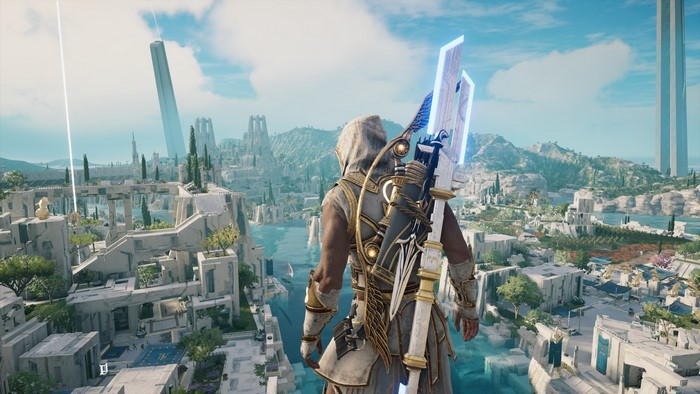 Alexios from Assassin's Creed: Odyssey overlooking a city