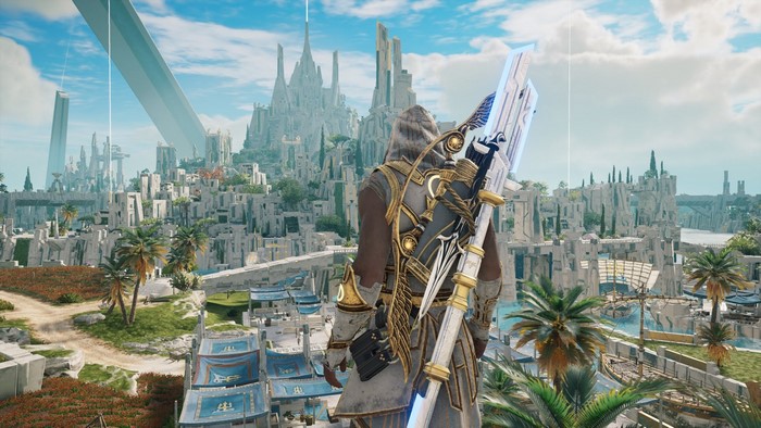 Alexios from Assassin's Creed: Odyssey in a futuristic city