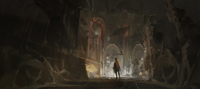 Figure in a dark, cavernous hall