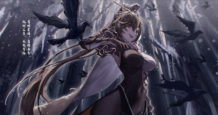 Anime girl with red eyes and crows