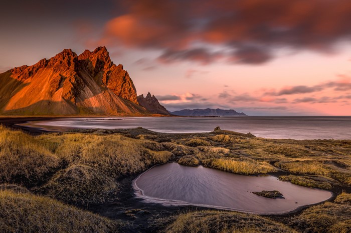Sunset over Vestrahorn Mountain and black sand beach