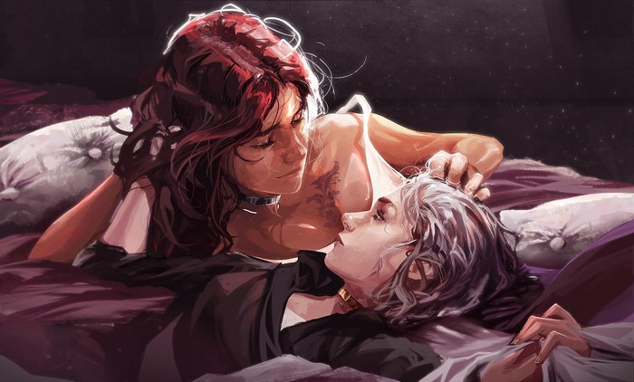 Two women in bed, one with red hair, the other with white hair