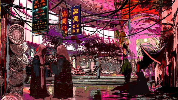 Digital art of a wet street market in Hong Kong
