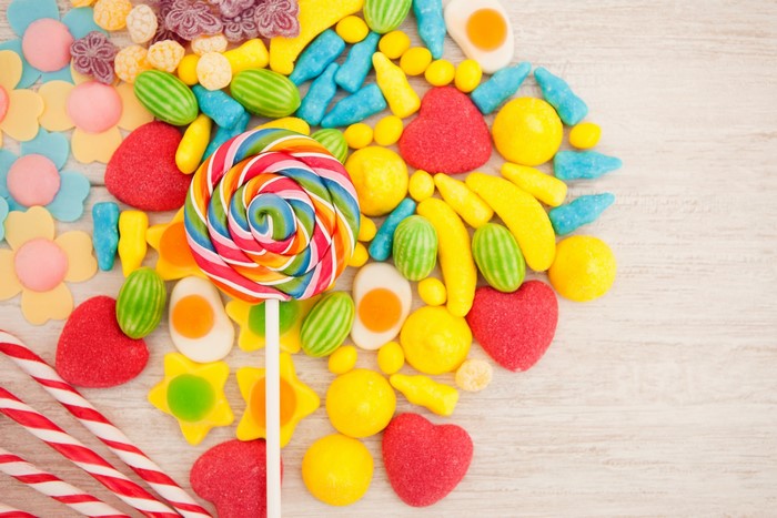 Colorful assortment of candies and lollipop