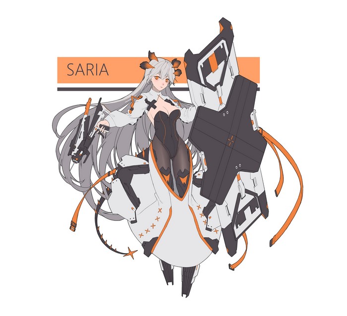 Saria from Arknights with a shield and gun