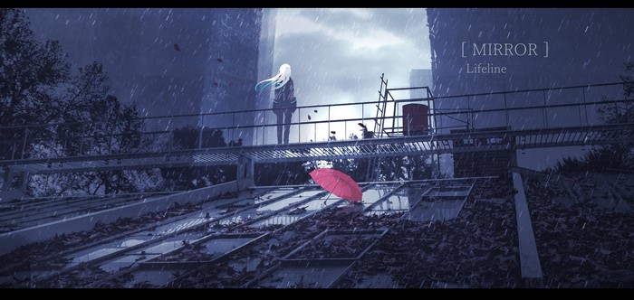 Anime girl with umbrella in rain