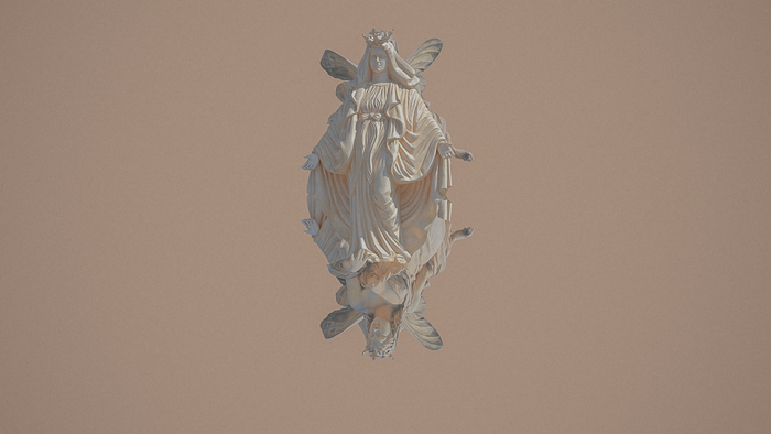 Statue of a crowned winged figure with reflection