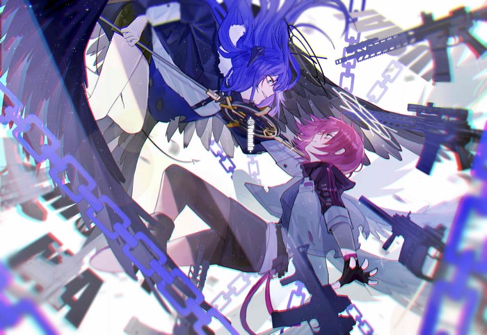 Mostima from Arknights with chains and guns