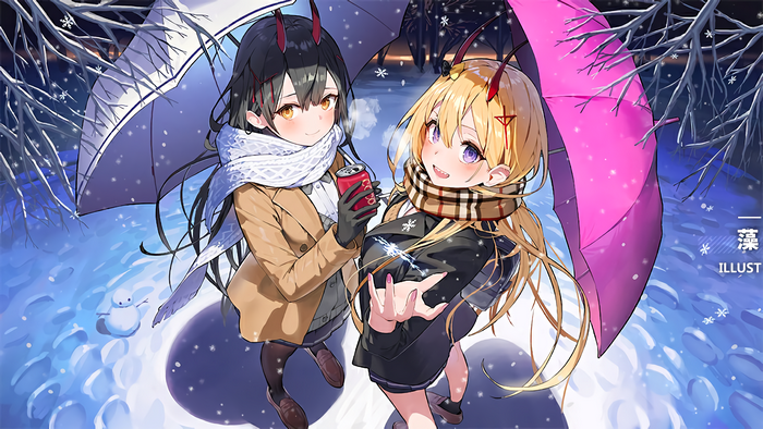 Two anime girls with horns under umbrellas in snow