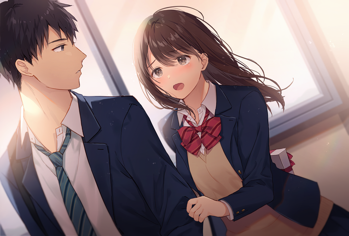 Anime couple in school uniforms