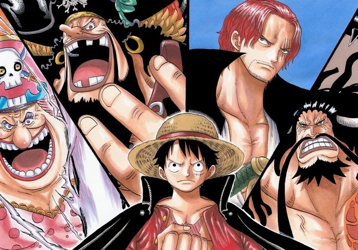 Monkey D. Luffy, Shanks, Big Mom, Blackbeard, and Kaido from One Piece