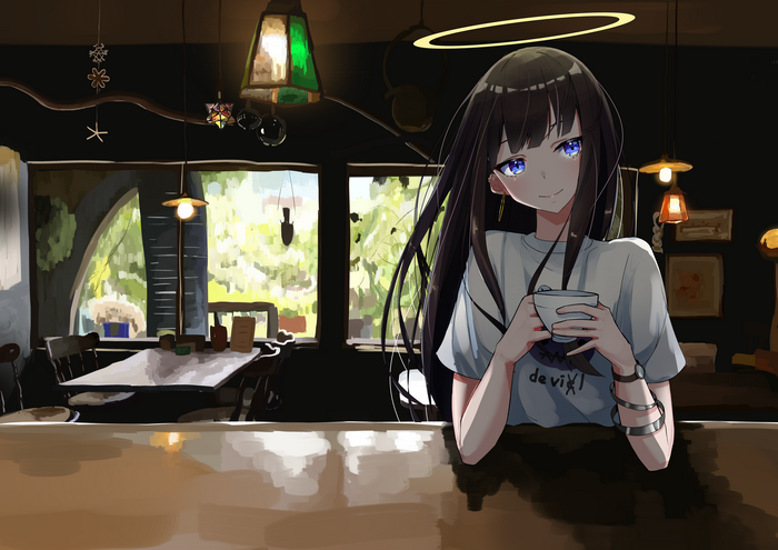 Anime girl with black hair and blue eyes in a cafe