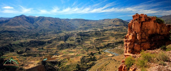 Colca Canyon, Arequipa, Peru with terraced fields and mountains