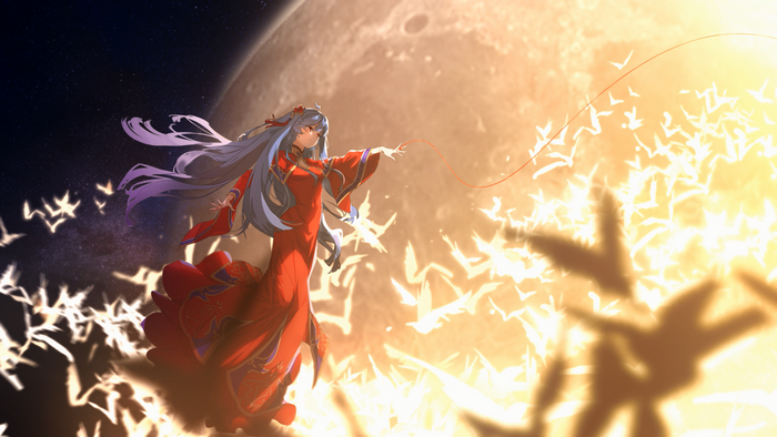 Anime girl in red dress with blue hair and birds