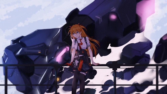 Asuka Langley Soryu from Neon Genesis Evangelion with a giant robot