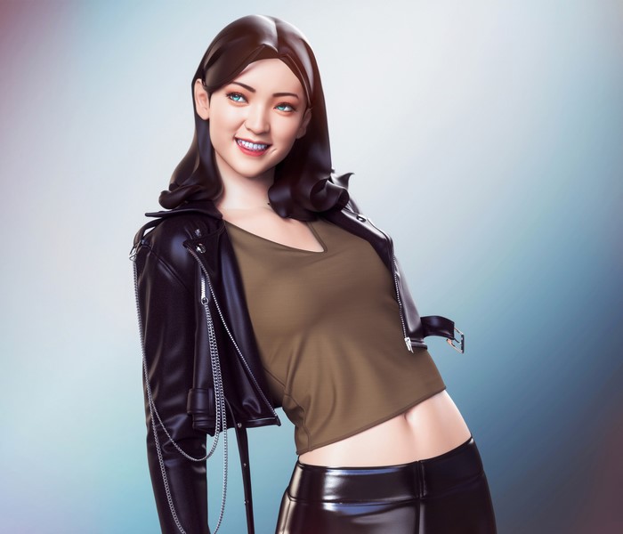 Woman with dark hair and blue eyes wearing a leather jacket