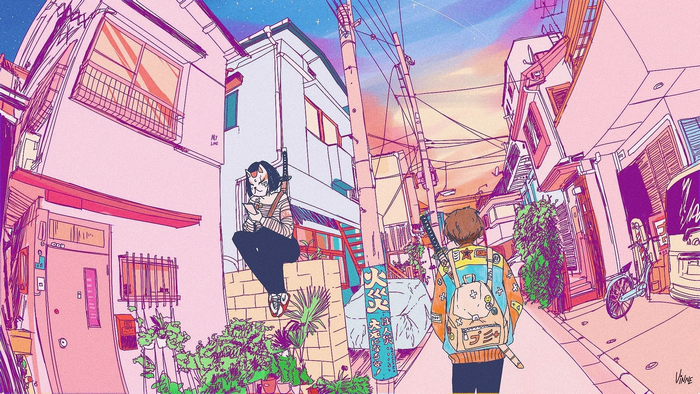 Anime street scene with two characters and buildings