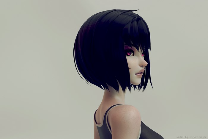 Digital art of a woman with short dark hair and pink eyes
