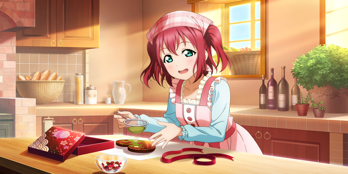 Kurosawa Ruby from Love Live! Sunshine!! baking in a kitchen