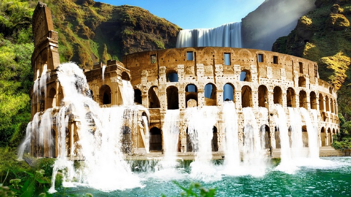 Colosseum with waterfalls and mountains
