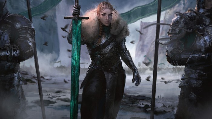 Fantasy warrior woman with glowing sword and knights