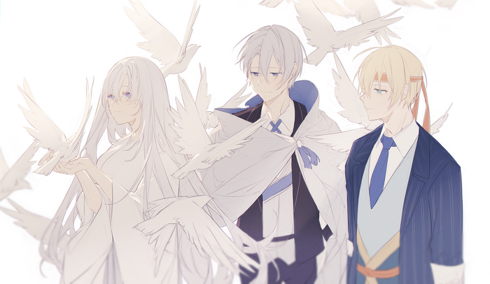 Three anime characters with white birds