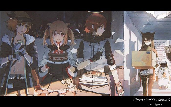 Anime characters celebrating a birthday with cake and gifts