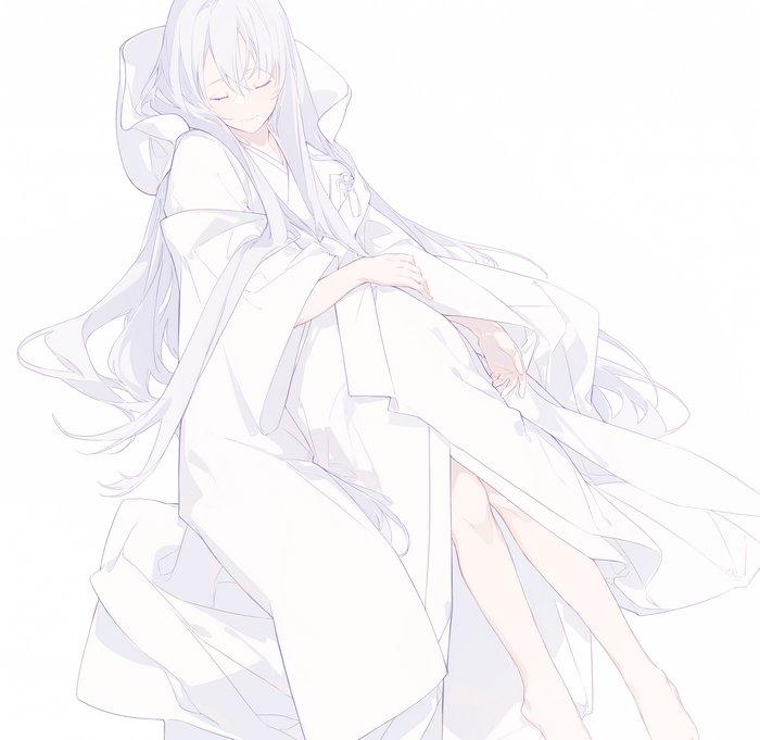 Anime girl with silver hair in white robes