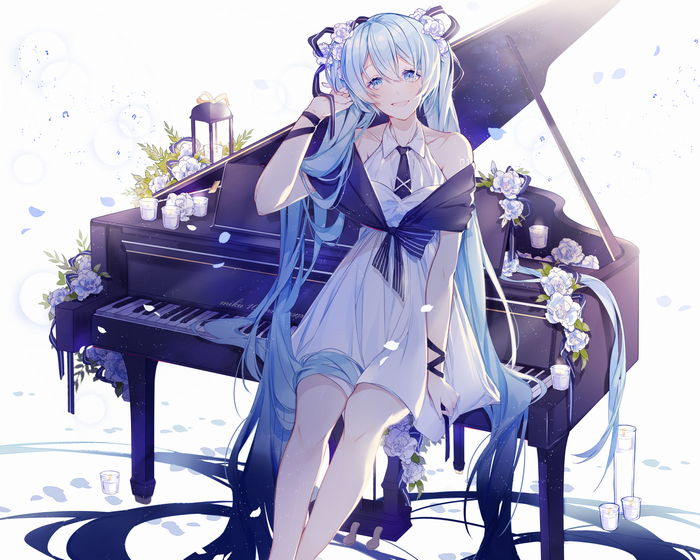 Hatsune Miku with Piano and Flowers