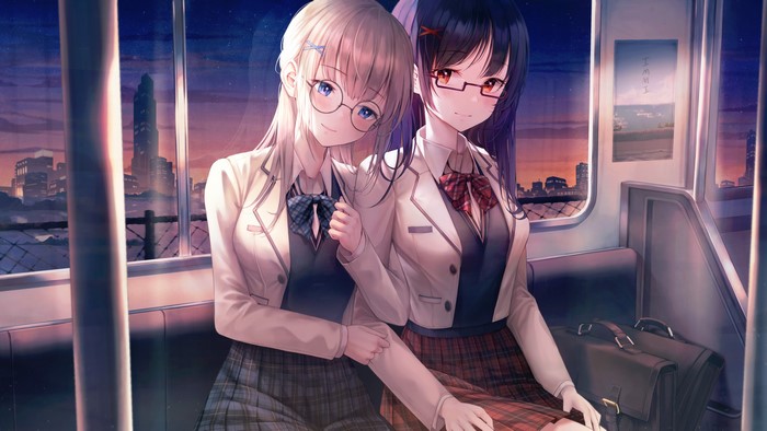 Anime girls with glasses on a train at dusk