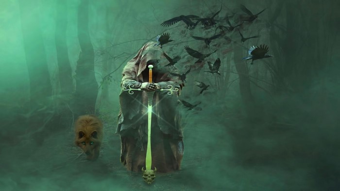 Grim Reaper with Sword and Fox in Misty Forest