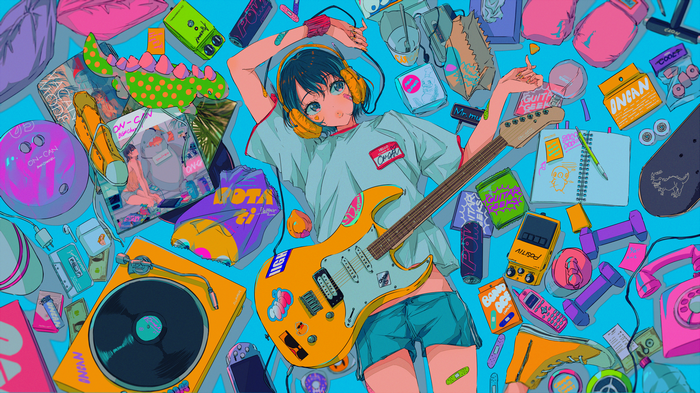 Anime girl with headphones and guitar surrounded by items