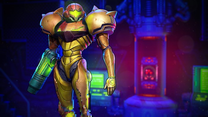 Samus Aran from Metroid in a laboratory