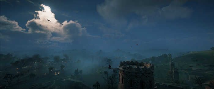 Assassin's Creed Valhalla landscape with moon and clouds