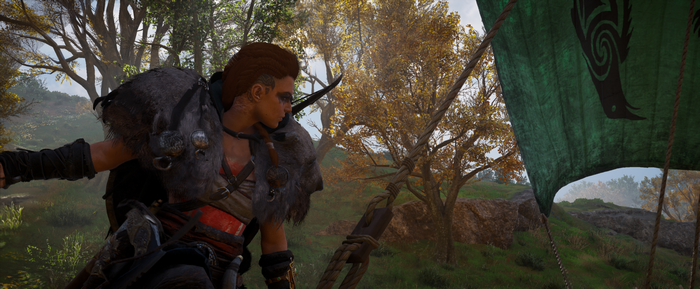 Eivor from Assassins Creed: Valhalla with a green banner