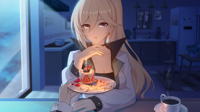 Anime girl from Honkai Impact 3rd with birthday cake