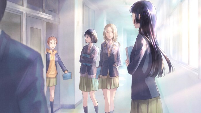 Anime schoolgirls in a hallway