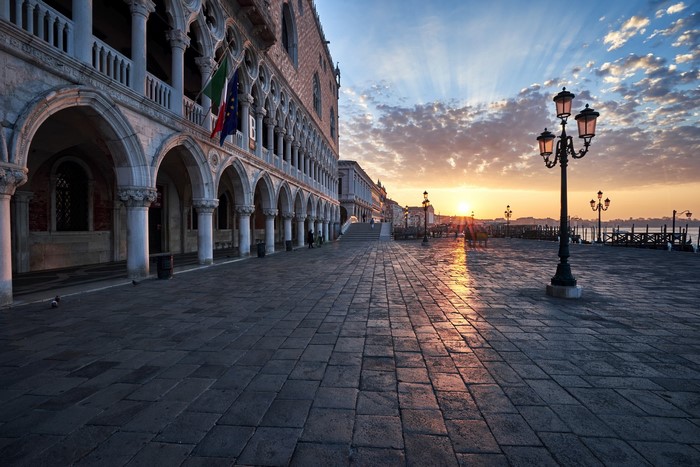 Venice Doge's Palace at Sunrise with Street Lamps