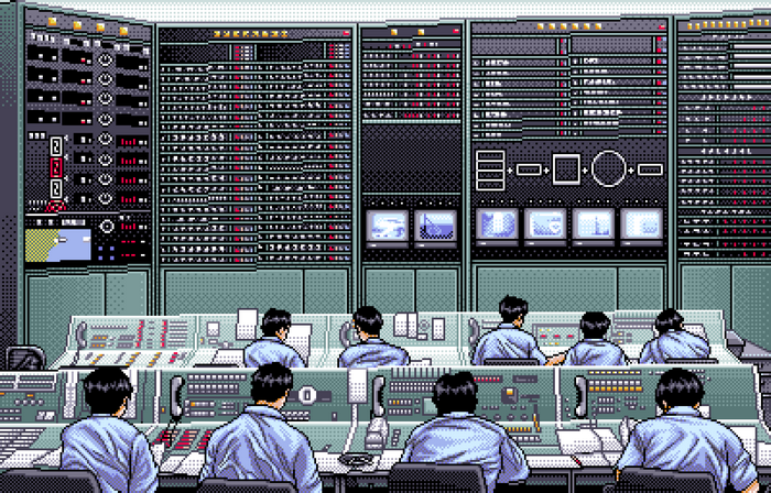Retro computer control room with people