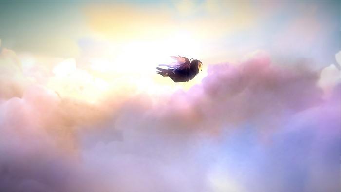Ori from Ori and the Blind Forest flying through clouds