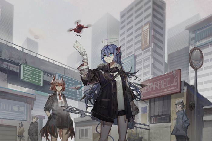 Mostima and friends in a city with a drone